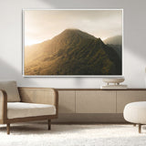 42338636-MGV-CV-36X24-Golden Mountain Wall Art Canvas Print, Framed Misty Summit Art Picture Print, Rugged Landscape Perfect Moody Wilderness Decor