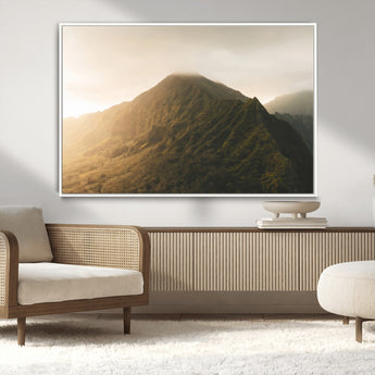 42338636-MGV-CV-36X24-Golden Mountain Wall Art Canvas Print, Framed Misty Summit Art Picture Print, Rugged Landscape Perfect Moody Wilderness Decor