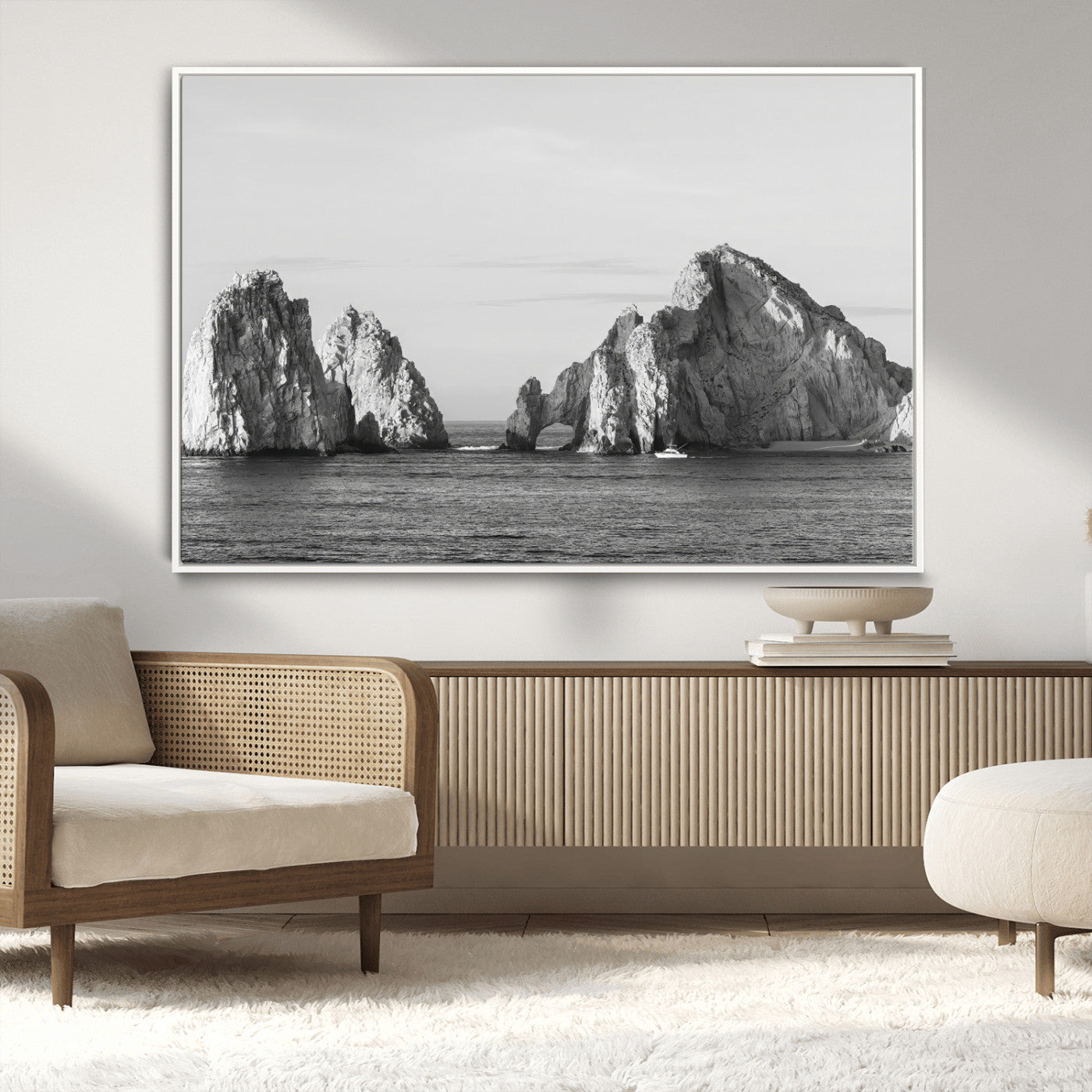 18810731-MGV-CV-36X24-Rugged Coastline Wall Art Canvas Print, Framed Ocean Cliffs Art Picture Print, Monochrome Seascape Perfect Coastal Minimalist