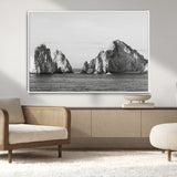 18810731-MGV-CV-36X24-Rugged Coastline Wall Art Canvas Print, Framed Ocean Cliffs Art Picture Print, Monochrome Seascape Perfect Coastal Minimalist