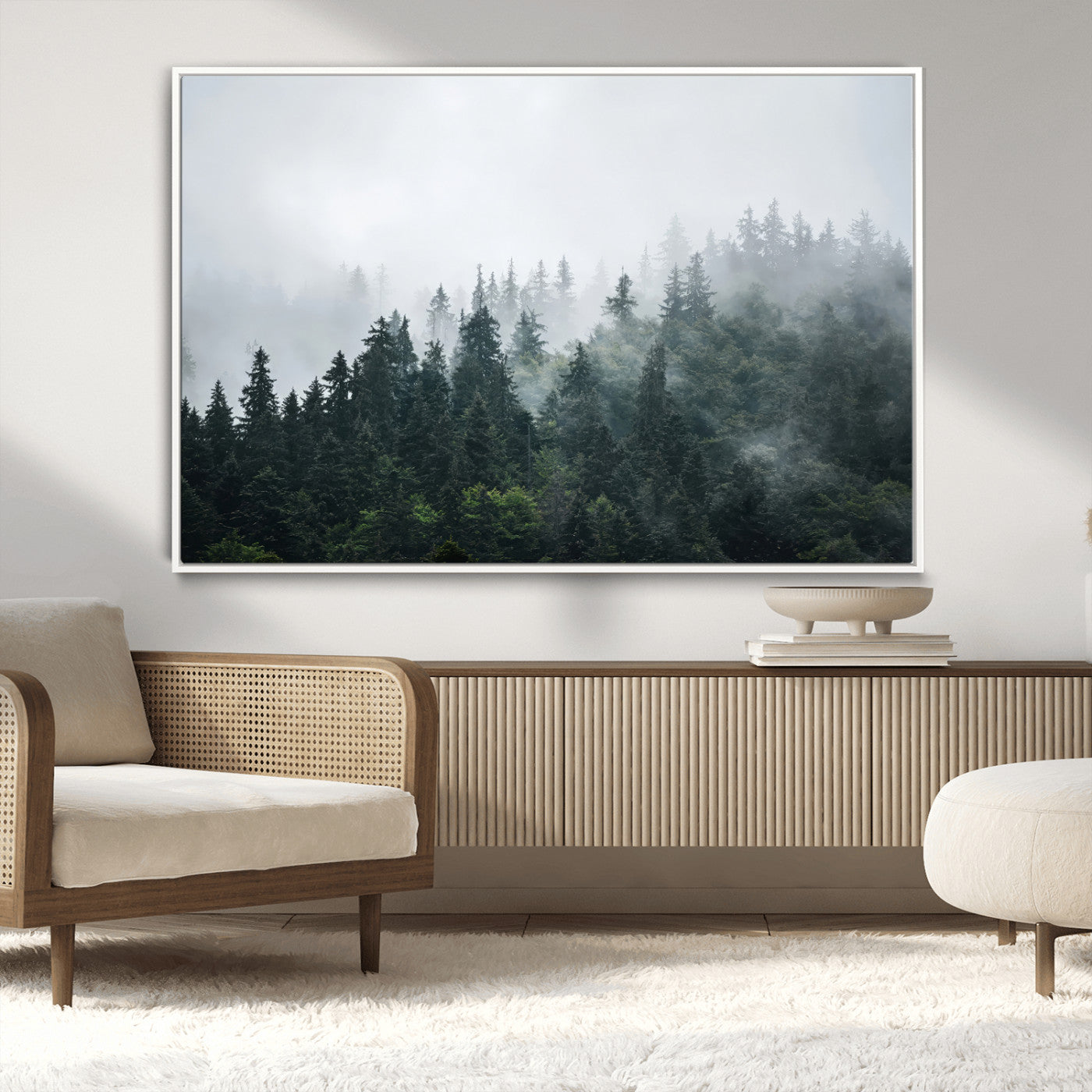 84146572-MGV-CV-36X24-Foggy Pine Trees Wall Art Canvas Print, Framed Forest Nature Art Picture Print, Evergreen Forest Perfect Scandinavian Minimalist