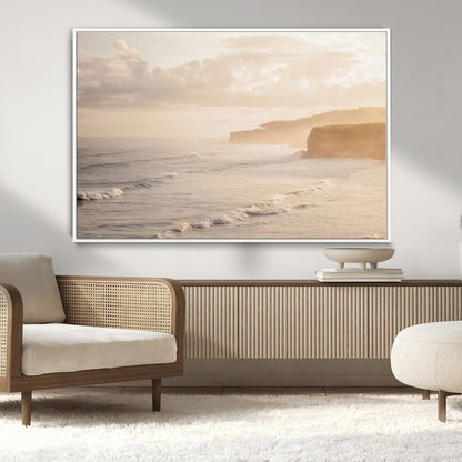57669769-MGV-CV-36X24-Misty Coastal Wall Art Canvas Print, Framed Golden Sunset Art Picture Print, Serene Shoreline Perfect Tranquil Coastal Decor