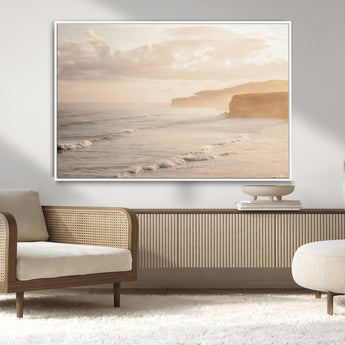 57669769-MGV-CV-36X24-Misty Coastal Wall Art Canvas Print, Framed Golden Sunset Art Picture Print, Serene Shoreline Perfect Tranquil Coastal Decor