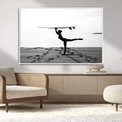28441356-MGV-CV-36X24-Yoga Surf Wall Art Canvas Print, Framed Black White Shore Art Picture Print, Peaceful Ocean Perfect Minimalist Coastal Decor