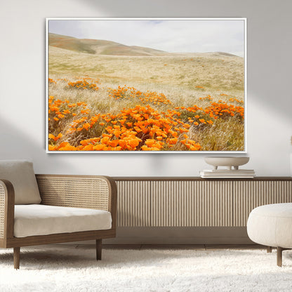 28972262-MGV-CV-36X24-Golden Wildflowers Wall Art Canvas Print, Framed Hills Bloom Art Picture Print, Poppy Meadow Perfect Rustic Nature Decor Artwork