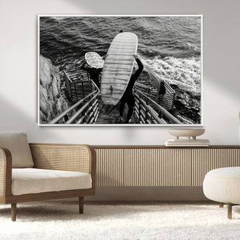 32353707-MGV-CV-36X24-Black White Surfing Wall Art Canvas Print, Framed Coastal Surfing Art Picture Print, Wave Riders Perfect Coastal Adventure Decor