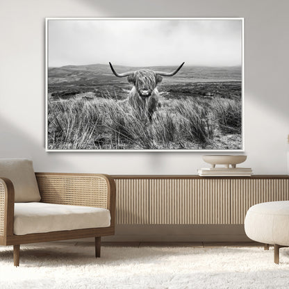 24051061-MGV-CV-36X24-Monochrome Highland Cow Wall Art Canvas Print, Framed Scottish Bull Art Picture Print, Lone Cattle Perfect Rustic Farmhouse Decor