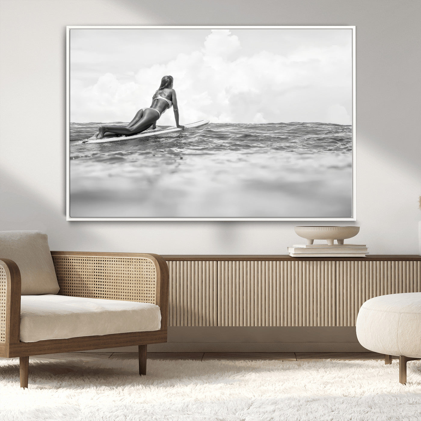 69798068-MGV-CV-36X24-Black White Surfing Wall Art Canvas Print, Framed Ocean Horizon Art Picture Print, Surfer Girl Perfect Coastal Adventure Decor