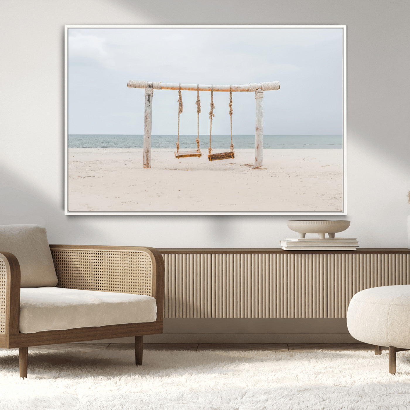 68327283-MGV-CV-36X24-Beach Swing Wall Art Canvas Print, Framed Quiet Beach Art Picture Print, Calm Shoreline Perfect Bohemian Coastal Decor Artwork