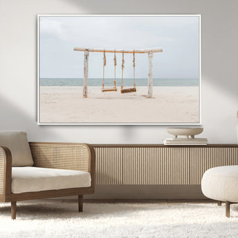 68327283-MGV-CV-36X24-Beach Swing Wall Art Canvas Print, Framed Quiet Beach Art Picture Print, Calm Shoreline Perfect Bohemian Coastal Decor Artwork