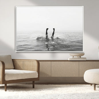 26667396-MGV-CV-36X24-Black White Ocean Wall Art Canvas Print, Framed Monochrome Water Art Picture Print, Diving into Water Perfect Minimalist Aquatic