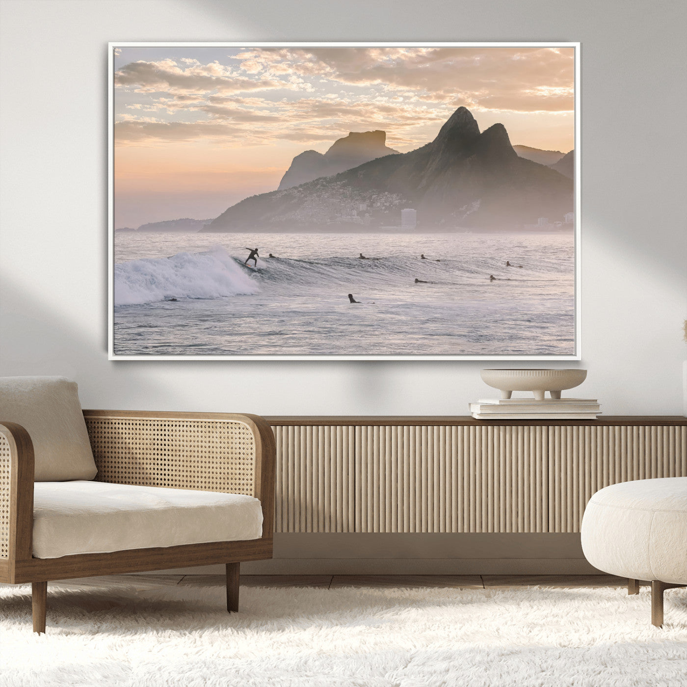 70644906-MGV-CV-36X24-Sunset Surfing Wall Art Canvas Print, Framed Misty Mountains Art Picture Print, Surfer Riding Wave Perfect Coastal Adventure Decor