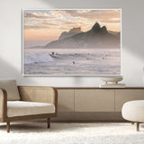 70644906-MGV-CV-36X24-Sunset Surfing Wall Art Canvas Print, Framed Misty Mountains Art Picture Print, Surfer Riding Wave Perfect Coastal Adventure Decor