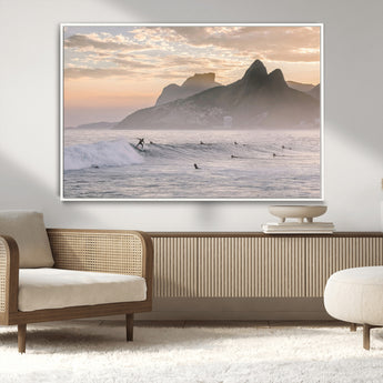 70644906-MGV-CV-36X24-Sunset Surfing Wall Art Canvas Print, Framed Misty Mountains Art Picture Print, Surfer Riding Wave Perfect Coastal Adventure Decor
