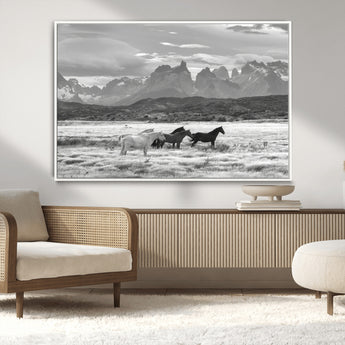 21655040-MGV-CV-36X24-Wild Horses Wall Art Canvas Print, Framed Black White Mountains Art Picture Print, Rustic Countryside Perfect Rustic Western Decor