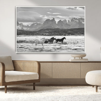 21655040-MGV-CV-36X24-Wild Horses Wall Art Canvas Print, Framed Black White Mountains Art Picture Print, Rustic Countryside Perfect Rustic Western Decor