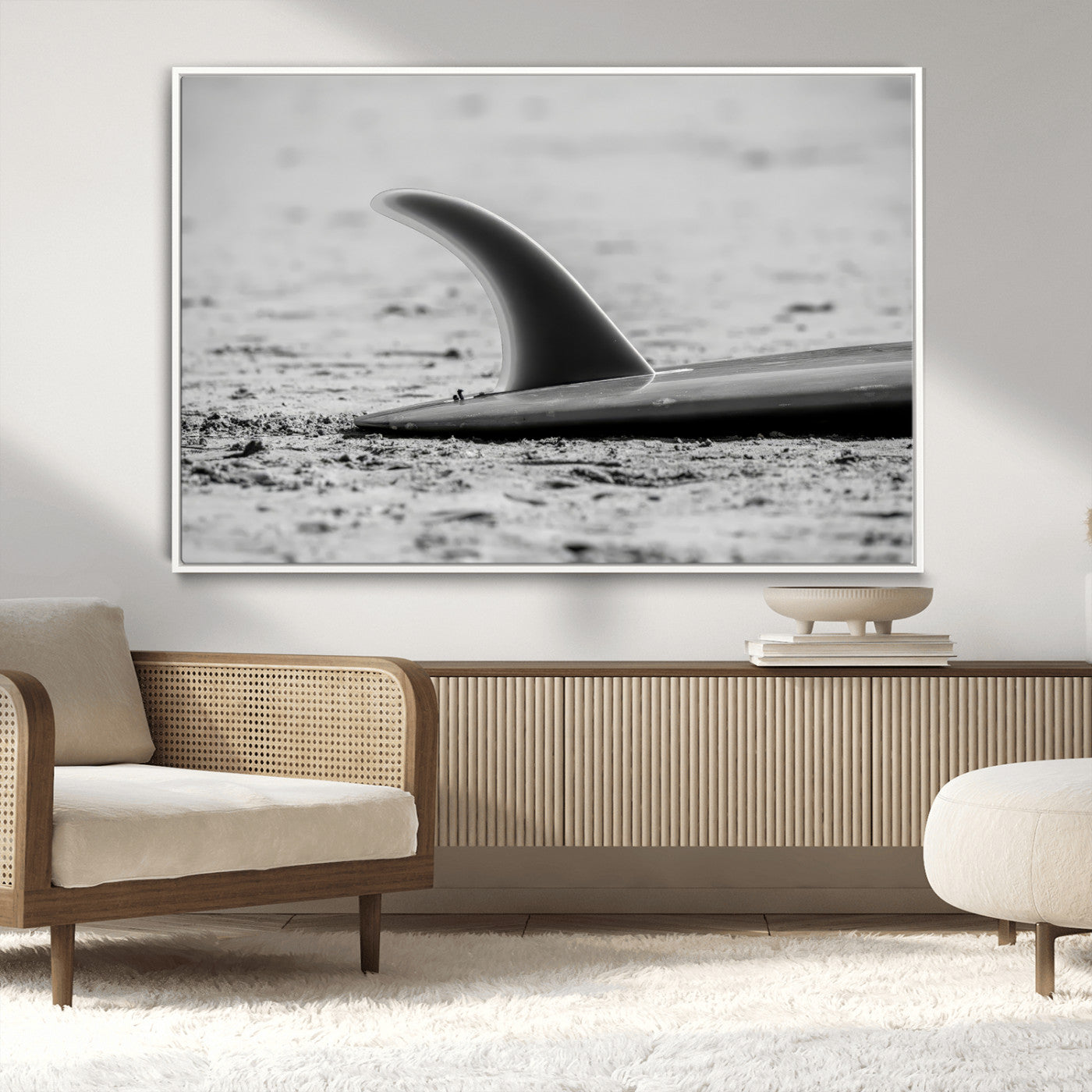 62314230-MGV-CV-36X24-Black White Surfboard Wall Art Canvas Print, Framed Minimalist Beach Art Picture Print, Surf Fin Perfect Minimalist Coastal Decor