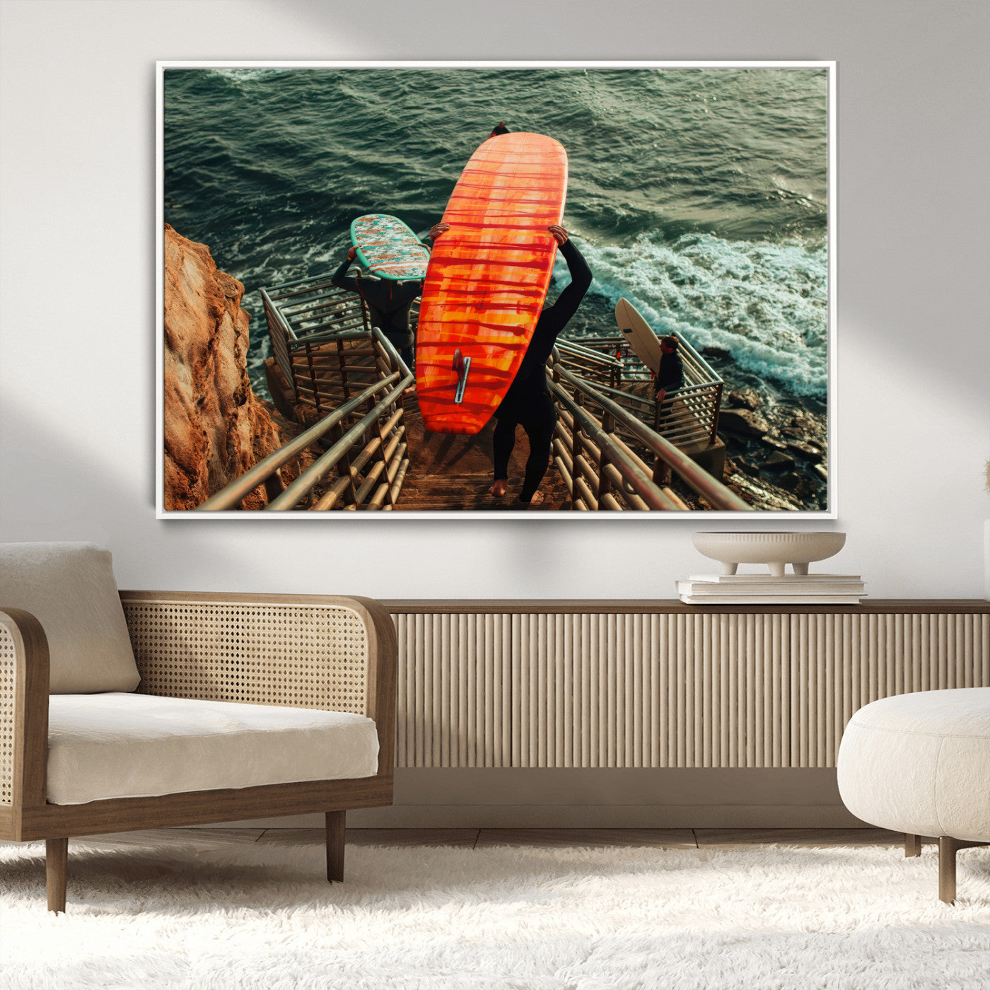 84555848-MGV-CV-36X24-Surfer Stairway Wall Art Canvas Print, Framed Ocean Surf Art Picture Print, Sunset Coastal Perfect Coastal Adventure Decor Artwork
