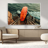 84555848-MGV-CV-36X24-Surfer Stairway Wall Art Canvas Print, Framed Ocean Surf Art Picture Print, Sunset Coastal Perfect Coastal Adventure Decor Artwork
