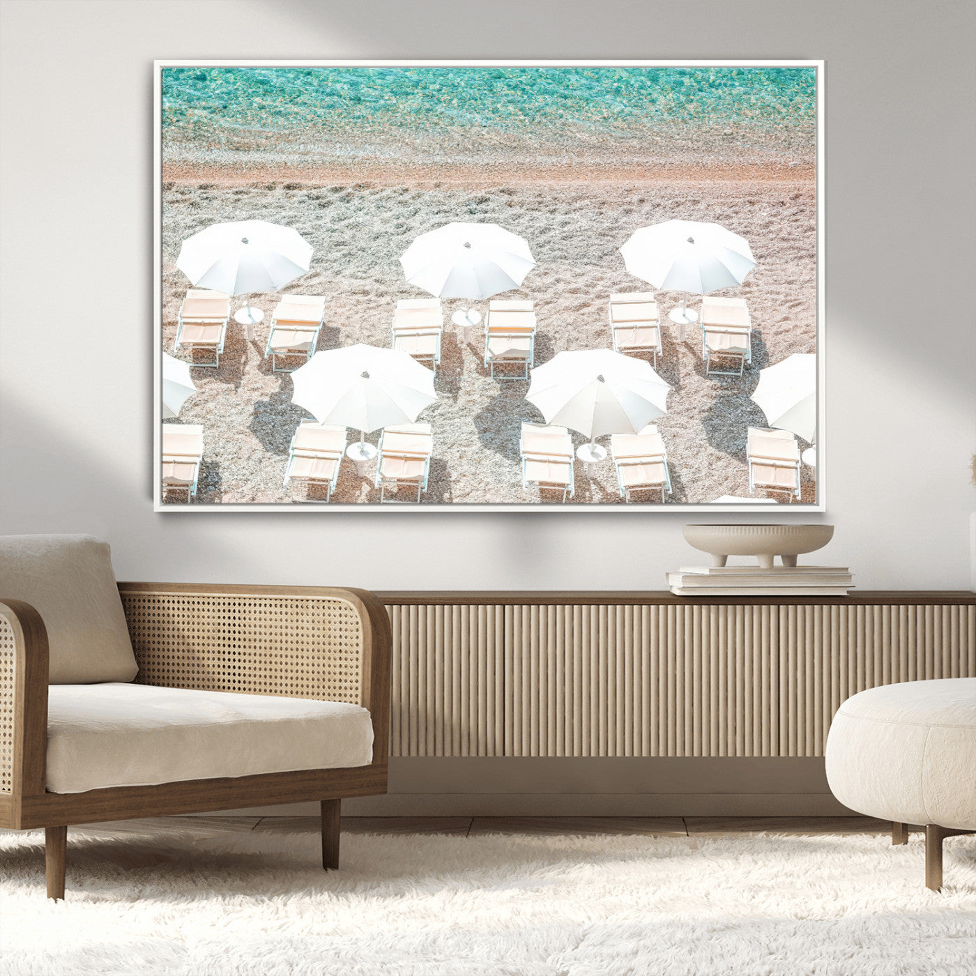 83736167-MGV-CV-36X24-Calm Beach Wall Art Canvas Print, Framed Turquoise Water Art Picture Print, Umbrella Shoreline Perfect Coastal Minimalist Decor