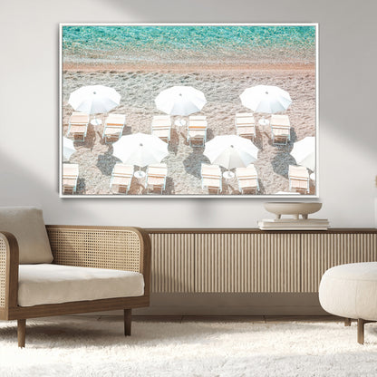 83736167-MGV-CV-36X24-Calm Beach Wall Art Canvas Print, Framed Turquoise Water Art Picture Print, Umbrella Shoreline Perfect Coastal Minimalist Decor