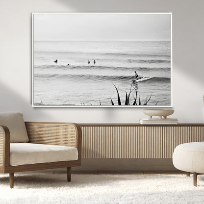 33821421-MGV-CV-36X24-Surfer Silhouette Wall Art Canvas Print, Framed Calm Ocean Art Picture Print, Monochrome Surf Perfect Minimalist Coastal Decor