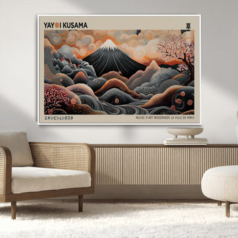 55739266-MGV-CV-36X24-Japanese Wall Art Print – Abstract Yayoi Kusama Inspired Dotted Landscape Poster, Surreal Oriental Mountain and Cherry Blossom