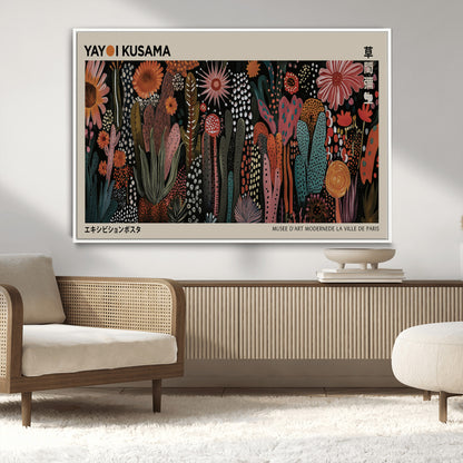 28344895-MGV-CV-36X24-Dark Floral Abstract Wall Art Poster – Modern Botanical Canvas Print with Beige Border, Kusama Inspired Boho Flower Painting,