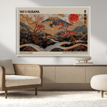 77970791-MGV-CV-36X24-Mount Fuji Golden Abstract Wall Art – Japanese Landscape Canvas Poster, Cherry Blossom & Red Sun Painting, Elegant Zen Oriental