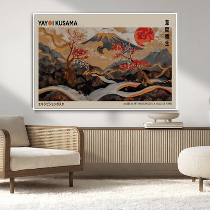 77970791-MGV-CV-36X24-Mount Fuji Golden Abstract Wall Art – Japanese Landscape Canvas Poster, Cherry Blossom & Red Sun Painting, Elegant Zen Oriental