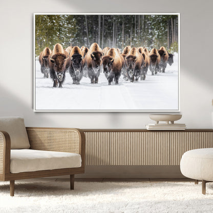 22695857-MGV-CV-36X24-Bison Herd Scene Wall Art Canvas Print, Framed Western Wildlife Art Picture Print, Rustic Animal Art Perfect Rustic Lodge Decor