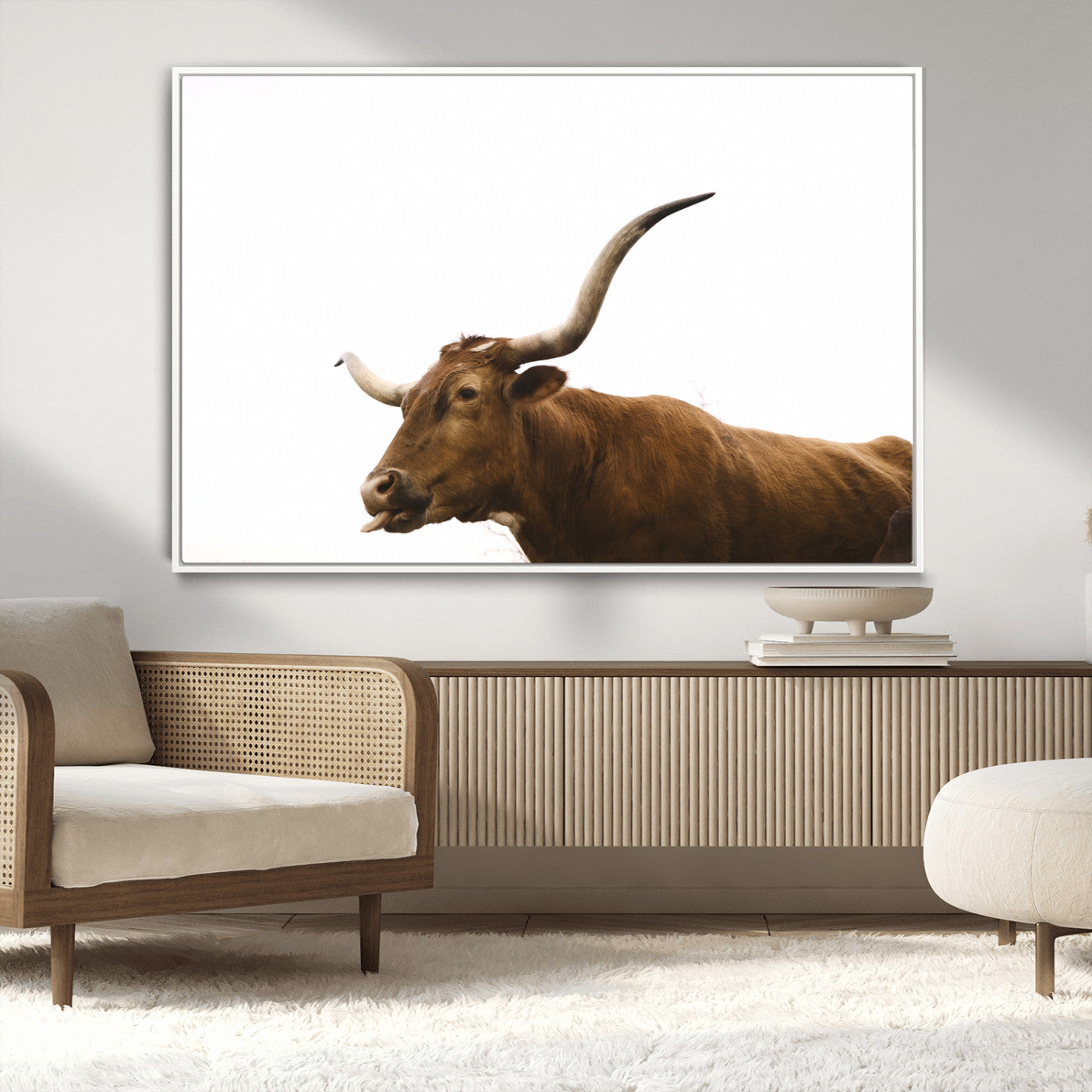 62566114-MGV-CV-36X24-Longhorn Cow Art Wall Art Canvas Print, Framed Rustic Animal Decor Art Picture Print, Texas Bull Photo Perfect Rustic Farmhouse