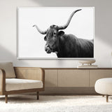 99244177-MGV-CV-36X24-Longhorn Photography Wall Art Canvas Print, Framed Western Cow Decor Art Picture Print, Black White Bull Perfect Modern Rustic