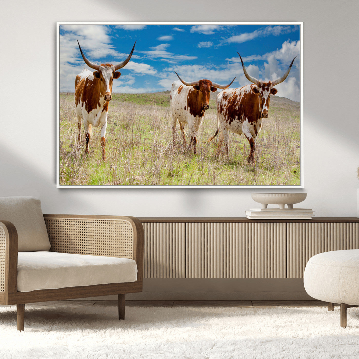 58099948-MGV-CV-36X24-Texas Longhorn Wall Art Canvas Print, Framed Western Decor Art Picture Print, Rustic Farmhouse Perfect Western Farmhouse Decor
