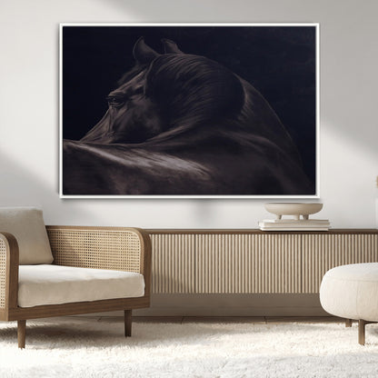 67026880-MGV-CV-36X24-Black Horse Portrait Wall Art Canvas Print, Framed Moody Horse Decor Art Picture Print, Equestrian Wall Style Perfect Masculine