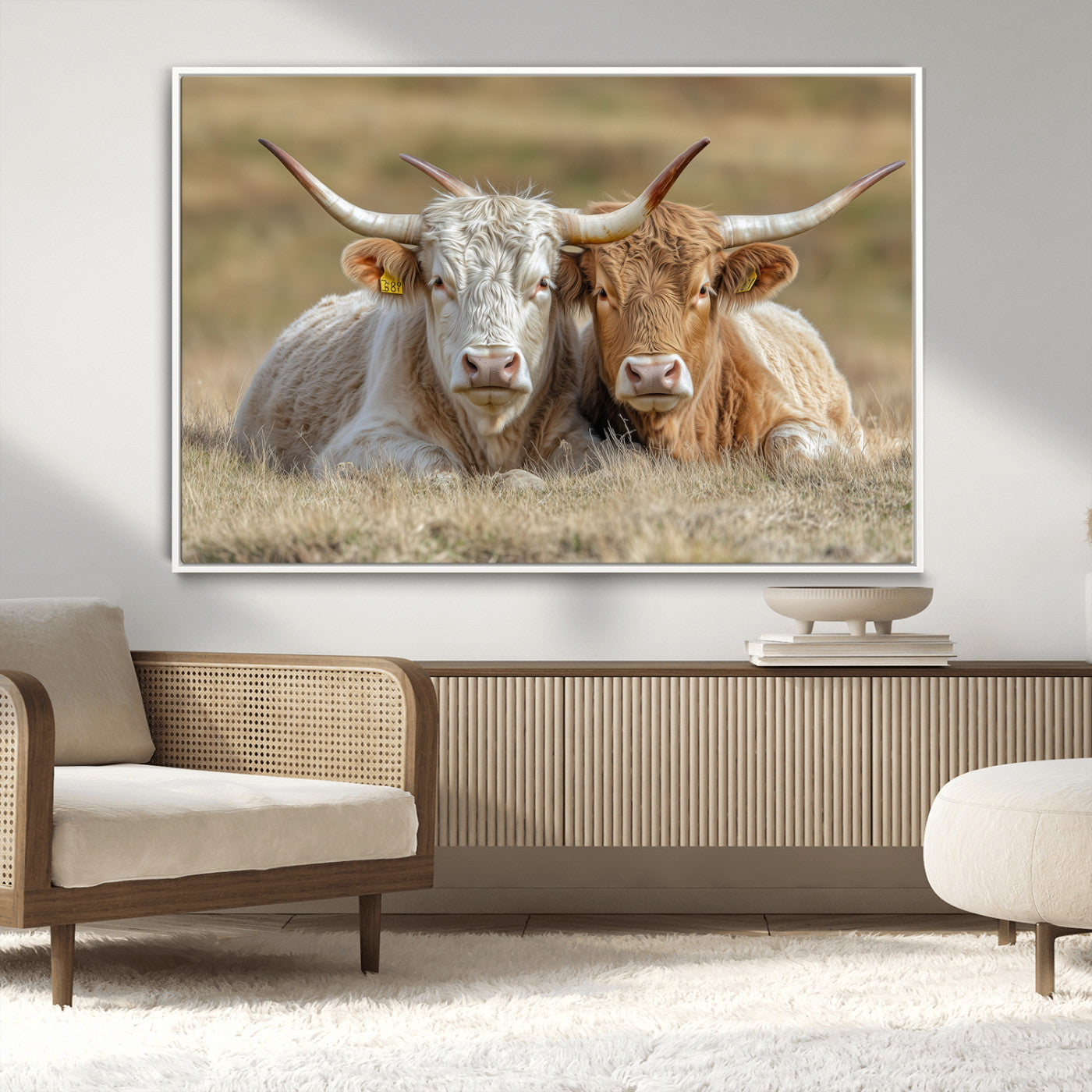 53388593-MGV-CV-36X24-Cow Photography Wall Art Canvas Print, Framed Rustic Animal Decor Art Picture Print, Texas Cow Pair Perfect Western Farmhouse