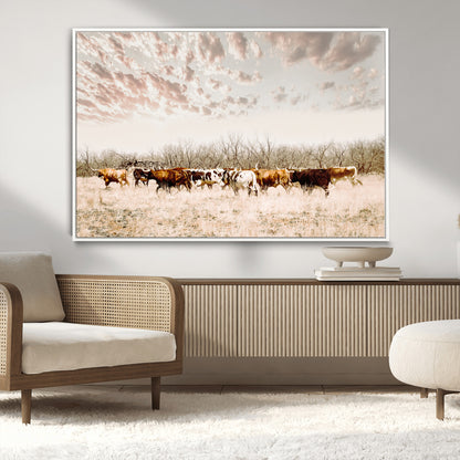 57389417-MGV-CV-36X24-Cow Herd Photography Wall Art Canvas Print, Framed Rustic Farmhouse Decor Art Picture Print, Western Ranch Style Perfect Rustic