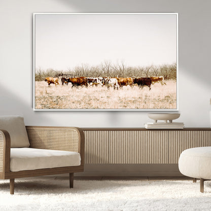 12454132-MGV-CV-36X24-Cow Herd Photography Wall Art Canvas Print, Framed Rustic Farmhouse Decor Art Picture Print, Western Ranch Style Perfect Rustic