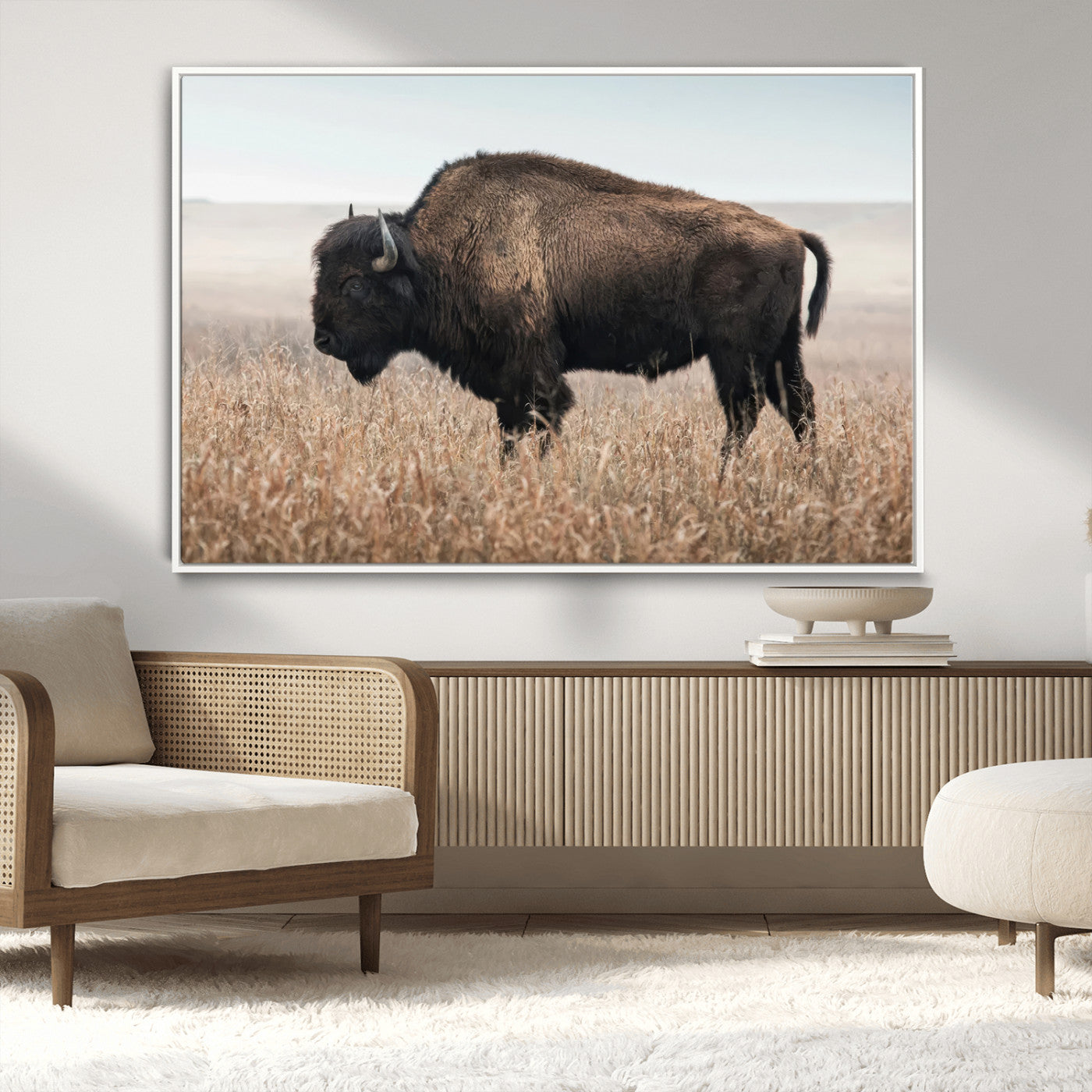 34451925-MGV-CV-36X24-Rustic Bison Decor Wall Art Canvas Print, Framed Buffalo Home Accent Art Picture Print, Prairie Wildlife Scene Perfect Western