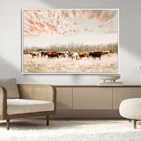 43704663-MGV-CV-36X24-Country Cow Herd Wall Art Canvas Print, Framed Farmhouse Cattle Scene Art Picture Print, Rustic Ranch Decor Perfect Rustic