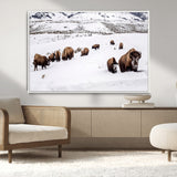 13891210-MGV-CV-36X24-Bison Herd Scene Wall Art Canvas Print, Framed Western Wildlife Decor Art Picture Print, Snowy Mountain Valley Perfect Rustic