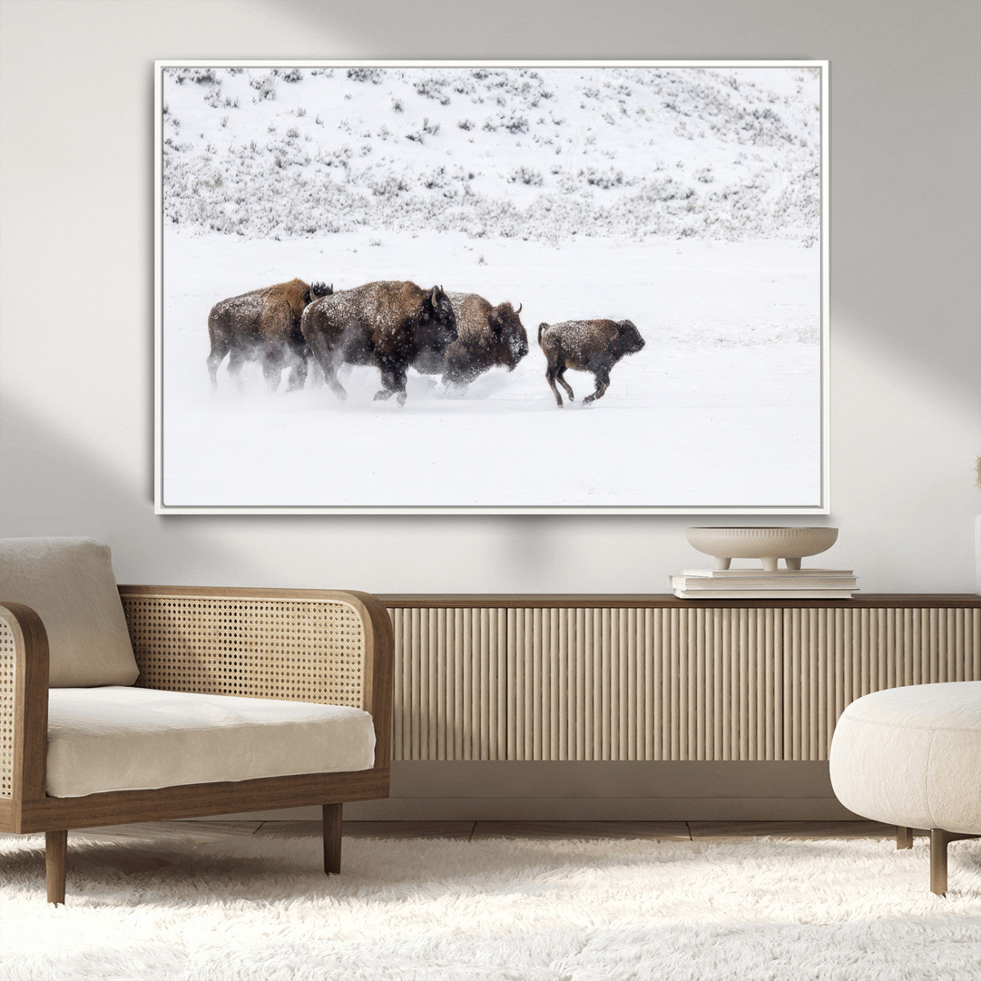 56216945-MGV-CV-36X24-Bison Herd Decor Wall Art Canvas Print, Framed Snowy Bison Scene Art Picture Print, Winter Wildlife Theme Perfect Rustic Western