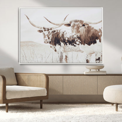 48161868-MGV-CV-36X24-Longhorn Cow Decor Wall Art Canvas Print, Framed Rustic Cattle Art Picture Print, Sepia Western Vibe Perfect Neutral Rustic