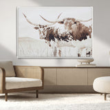 48161868-MGV-FC-36X24_White-Longhorn Cow Decor Wall Art Canvas Print, Framed Rustic Cattle Art Picture Print, Sepia Western Vibe Perfect Neutral Rustic