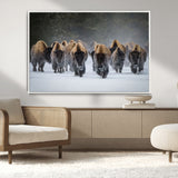41669135-MGV-CV-36X24-Bison Herd Scene Wall Art Canvas Print, Framed Rustic Wildlife Decor Art Picture Print, Snowy Bison Landscape Perfect Rustic