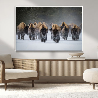 41669135-MGV-CV-36X24-Bison Herd Scene Wall Art Canvas Print, Framed Rustic Wildlife Decor Art Picture Print, Snowy Bison Landscape Perfect Rustic