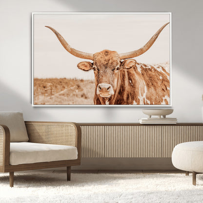 74406977-MGV-CV-36X24-Longhorn Bull Decor Wall Art Canvas Print, Framed Western Cow Theme Art Picture Print, Rustic Farmhouse Wall Perfect Neutral