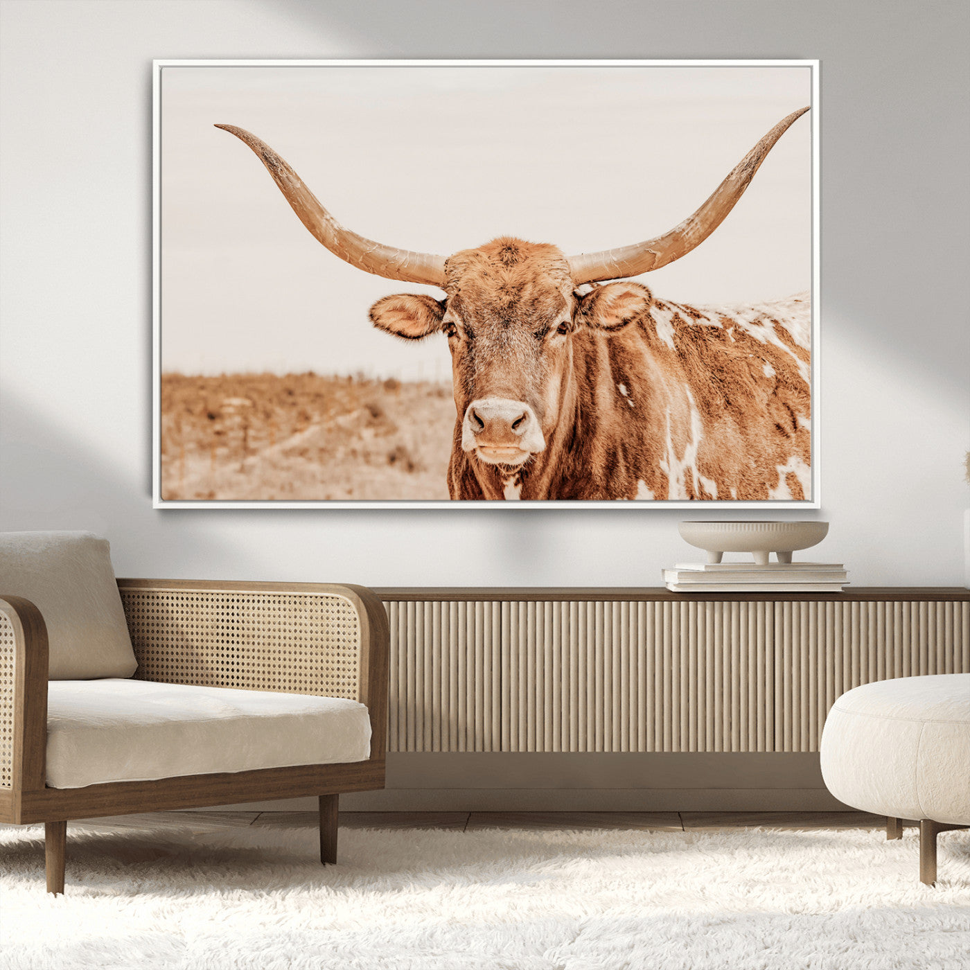 74406977-MGV-CV-36X24-Longhorn Bull Decor Wall Art Canvas Print, Framed Western Cow Theme Art Picture Print, Rustic Farmhouse Wall Perfect Neutral