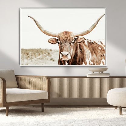 98924580-MGV-CV-36X24-Texas Longhorn Bull Wall Art Canvas Print, Framed Rustic Farmhouse Decor Art Picture Print, Western Animal Theme Perfect Rustic