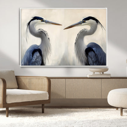 18230556-MGV-CV-36X24-Blue Heron Pair Wall Art Canvas Print, Framed Coastal Bird Theme Art Picture Print, Tranquil Wildlife Scene Perfect Coastal